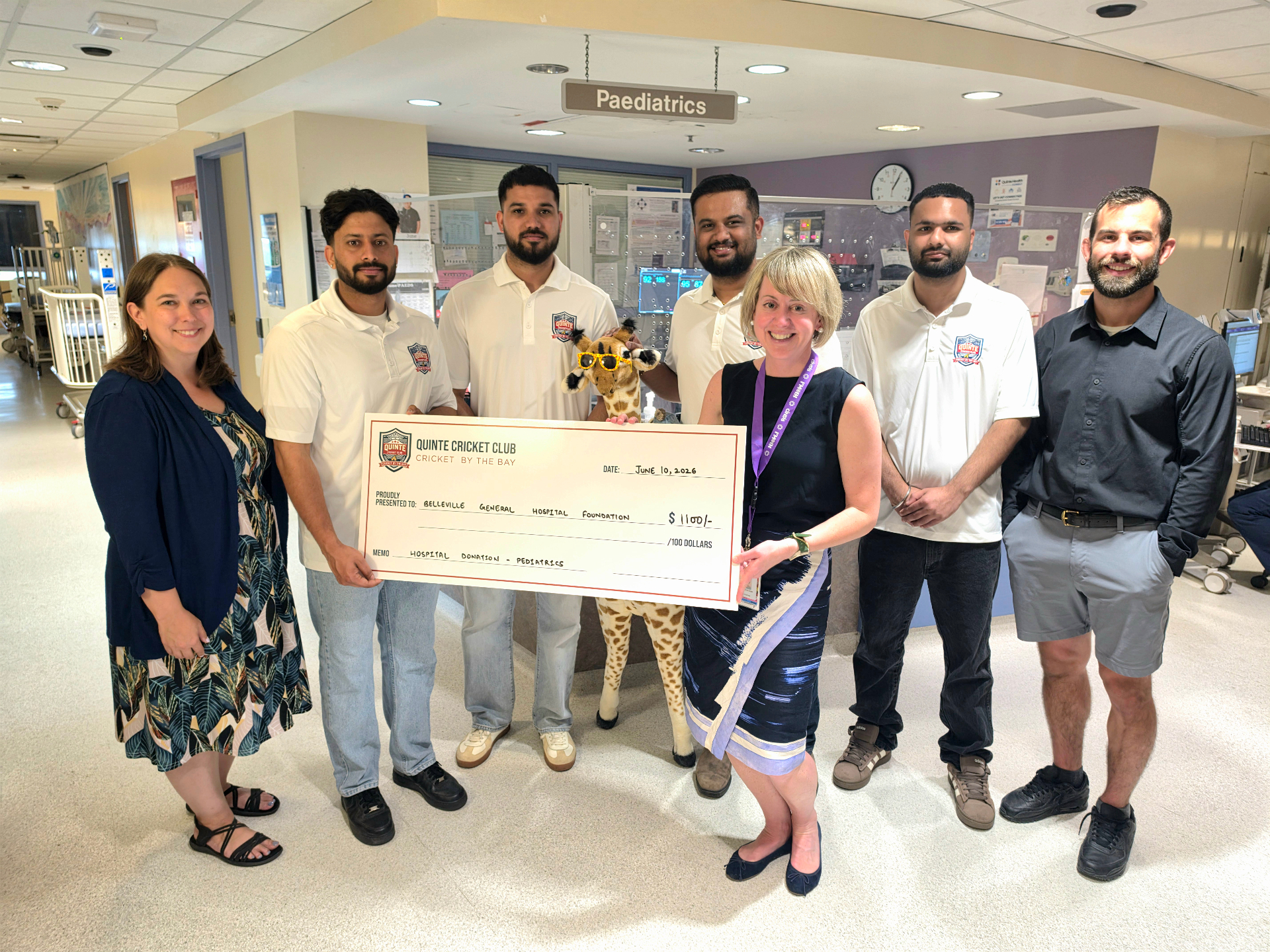 Quinte Cricket Club organising committee presenting a $1,100 cheque to the Belleville General Hospital Foundation in support of the pediatric ward